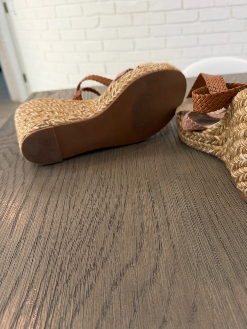 Stuart Weitzman Tan, Pink & Cream Woven Espadrille Wedge Sandals - Picture 5 of 5